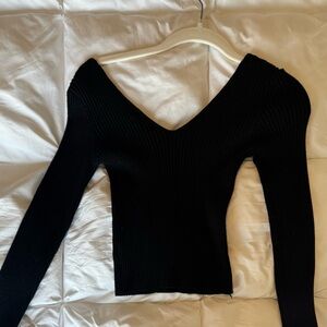 Black Ribbed V-Neck Top